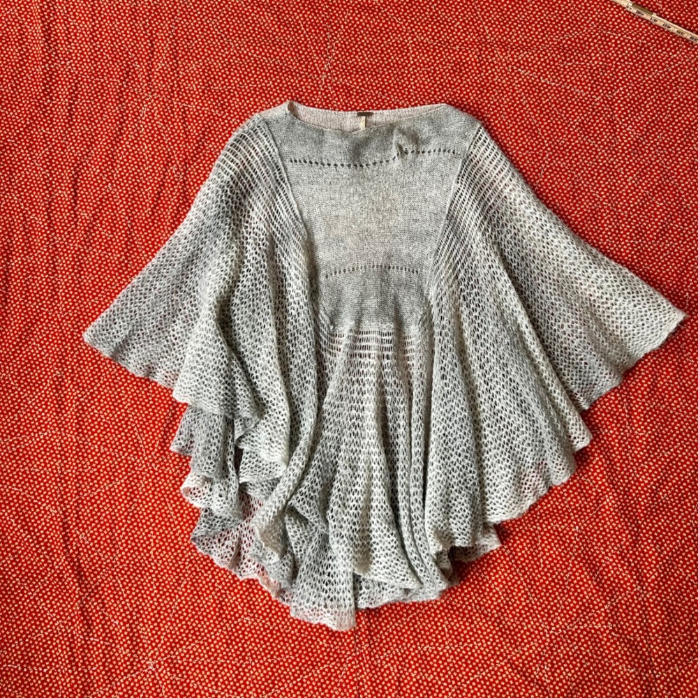 Free People Gray Mohair Wool Blend Open Knit Poncho Sweater Large Boho Twee